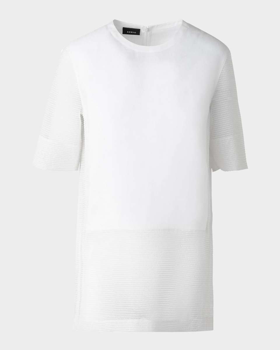 Mixed-Media Linen Striped Organza Short-Sleeve Blouse